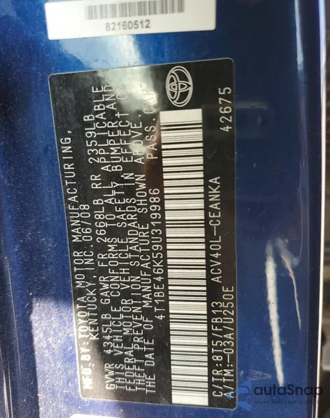 2009 Toyota Camry Base из США, поврежденный, VIN 4T1BE46K59U319986